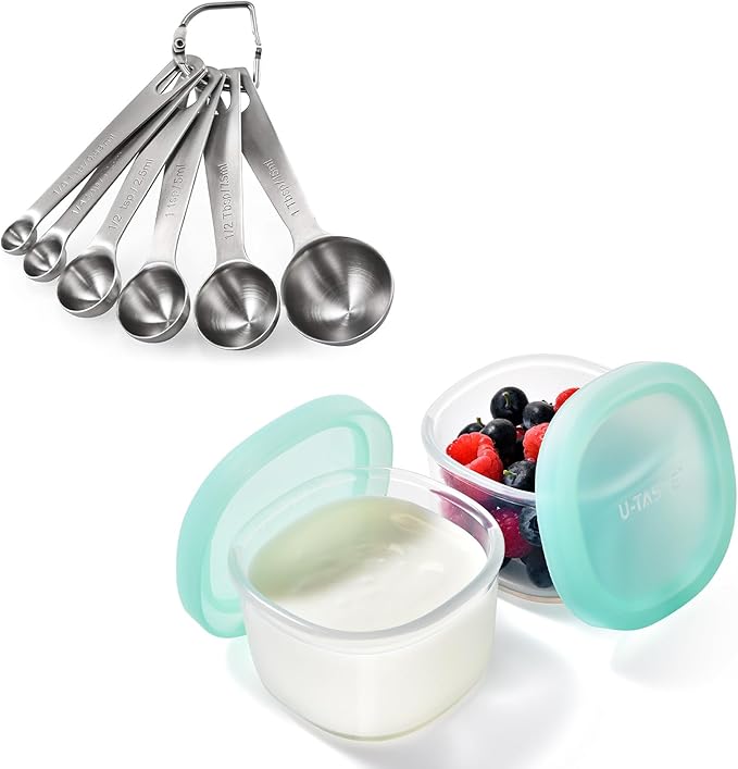 U-Taste 18/8 Stainless Steel Measuring Spoons Set of 6 and 6oz Small Snack Containers Food Grade Liquid Silicone Storage Set of 2 (Aqua Sky)