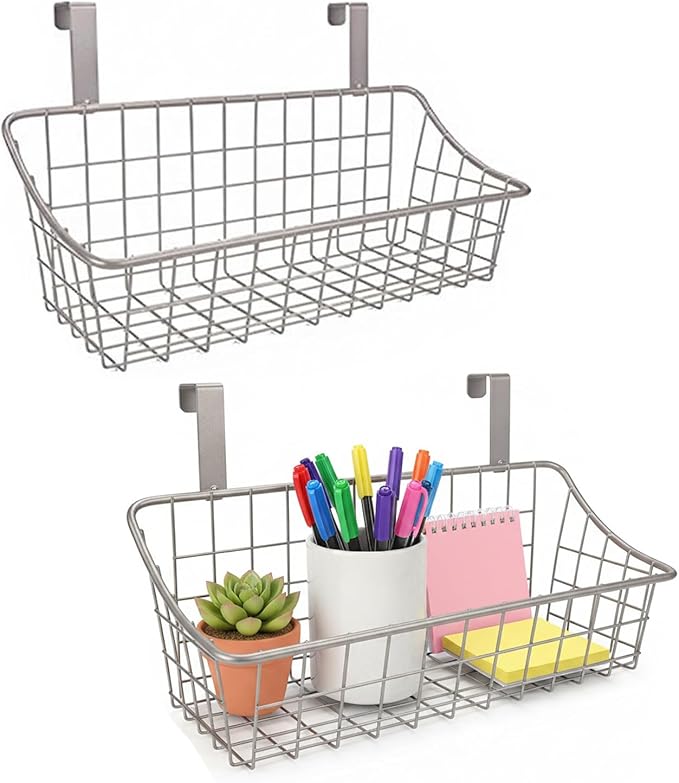 LeleCAT Basket with hook Grid Storage Basket,Hang it behind a door or on a railing,Over the Cabinet Door,Champagne Gray,2 Pack