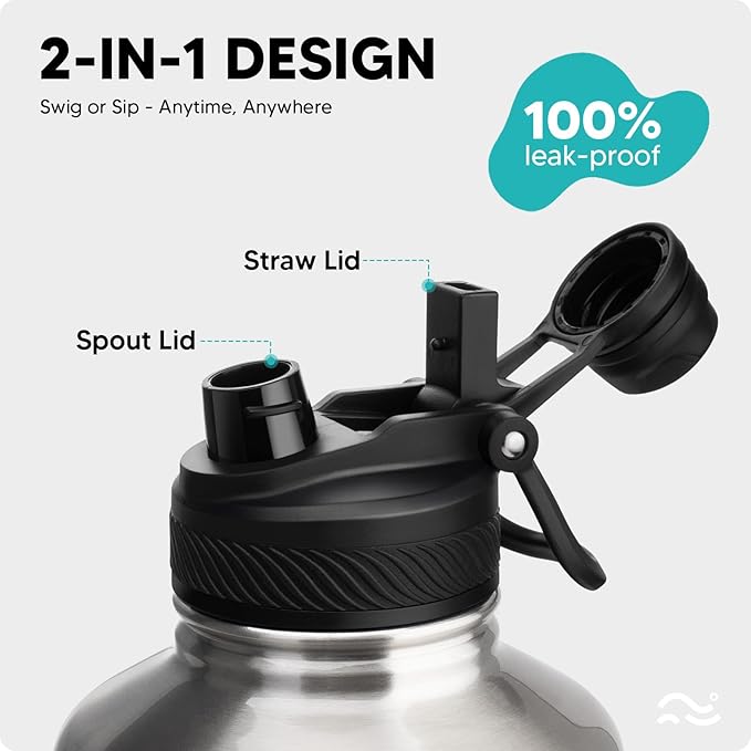 Swigina [2-IN-1 LID] 64 oz Insulated Water Bottle with Silicone Boot (48hrs Cold/24hrs Hot) - DIY Stickers, Leakproof, BPA Free, Half Gallon