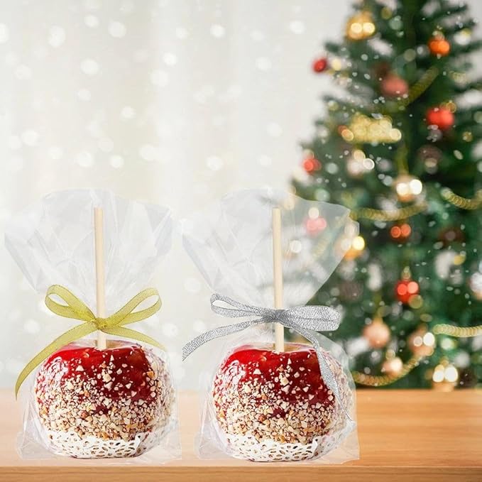 200 Pack Candy Apple Caramel Apple Sticks and Bags,100 Bags,100 Sticks, 50 Yard Gold and Silver Glitter Ribbon Caramel Apple Making kit
