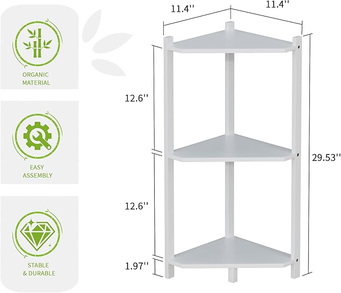 Wisuce Corner Shelf, 100% Real Bamboo Shower Corner Shelves Free Standing Shelf Storage Organizer for Bathroom Living Room Kitchen (White, 3 Tier)