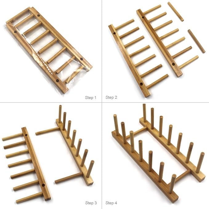 INNERNEED Bamboo Wooden Dish Rack, Vertical Plate & Lid Organizer for Kitchen Cabinet or Countertop, Drying Stand for Dishes, Cutting Boards