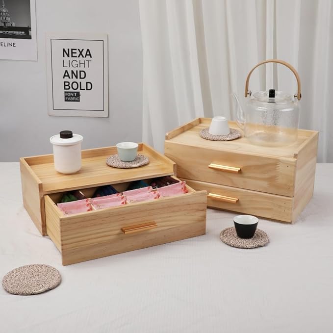 Tea Organizers and Storage Box Tea Station organizer for Countertop with 4 Cotton Woven Coasters Pine Wood Tea Bag Organizer Drawer Teabag Holder with 8 Compartments Wooden Sugar Packet Holder