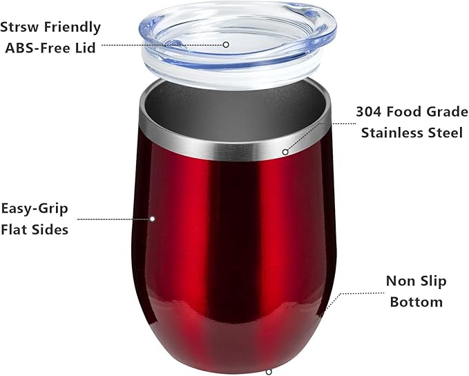 MEWAY 12oz/4 Pack Wine Tumbler Glasses with Lid - Stemless Double Wall Vacuum Stainless Steel Travel Tumbler - Keeping Cold & Hot for Wine,Coffee,Cocktails,Gifts (Burgundy,Set of 4)