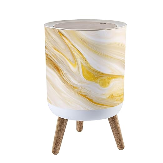 Trash Can with Lid Marble wall white brown ink swirl yellow green graphic abstract light Press Top Round Small Garbage Bin with Wooden Legs Waste Basket for Kitchen Bedroom Nursery 7L/1.8 Gallon