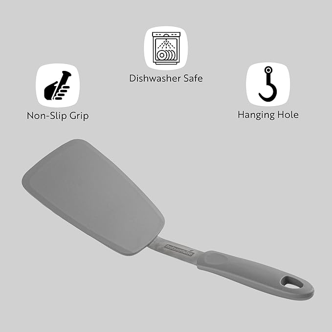 Restaurantware Comfy Grip 13.3 x 4 Inch Silicone Turner 1 Durable Cooking Turner - Stainless Steel Body Rubber Handle With Hole Red Silicone Flipper Spatula Tolerates Up To 446F Dishwashable