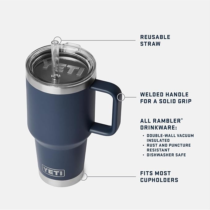 YETI Rambler 35 oz Straw Mug 2.0 - Double-Wall Vacuum Insulation for Cold Beverages – Dishwasher Safe – Cupholder Compatible – Reusable Straw – Comfortable Grip Handle – Travel Mug - White