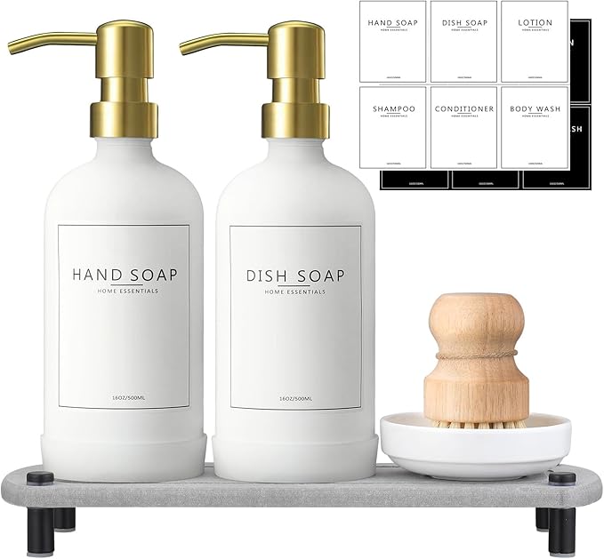 Kitchen Soap Dispenser Set with Instant Dry Tray,16 Oz Hand and Dish Soap White Glass Dispenser Set,Stainless Steel Pump,Waterproof Labels&Dish Brush,Luxury Soap Bottle for Kitchen,Bathroom
