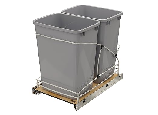 Rev-A-Shelf Steel Bottom Mount Double 35 Quart 8.75 Gallon Waste Bin Trash Container for Under Kitchen Cabinet with Soft Close, Gray, 54WC-1835SC-17-1