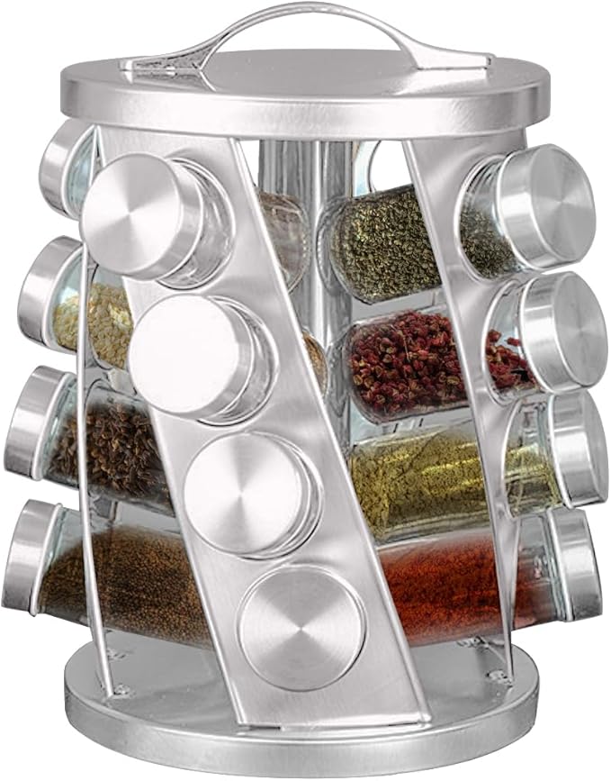 Portable Stainless Steel Spice Rack with 16 Spice Jars Included Revolving Spice Organizer for Kitchen Tower Storage Rack for Spices and Seasoning Silver