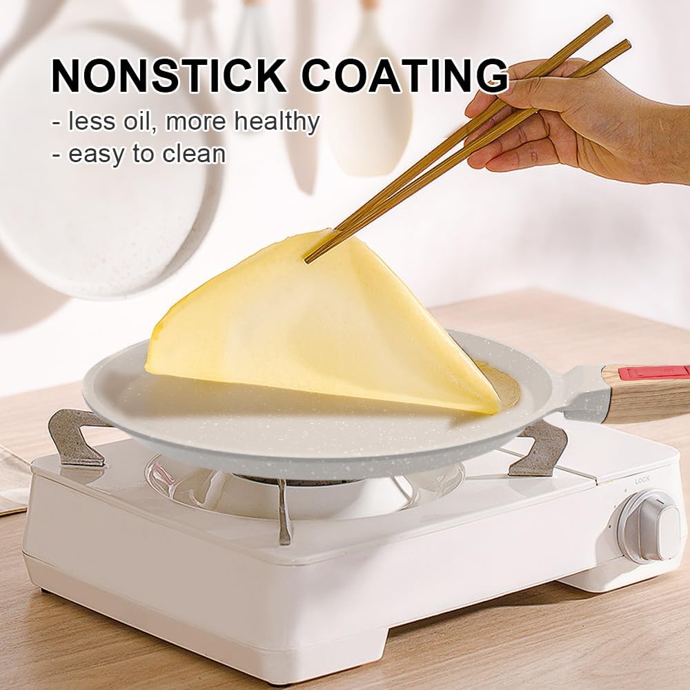Non Stick Crepe Pan with Detachable Handle, 10 Inch Cast Aluminium Dosa Tawa Tortilla Pan, Pancake Pan Induction Compatible - White