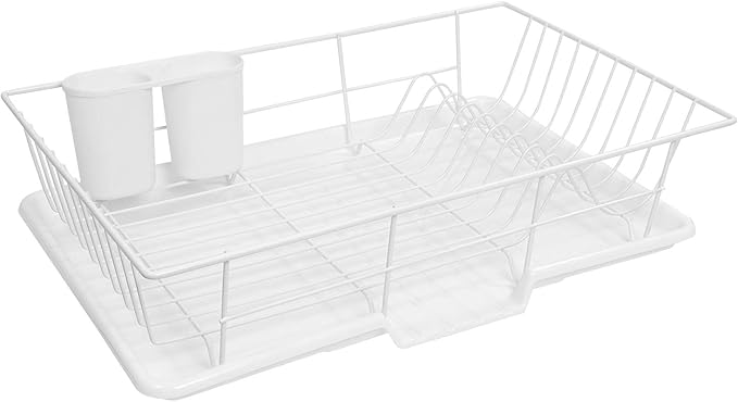 Sweet Home Collection Metal, Plasic 3 Piece Dish Drainer Rack Set with Drying Board and Utensil Holder, 12" x 19" x 5", White