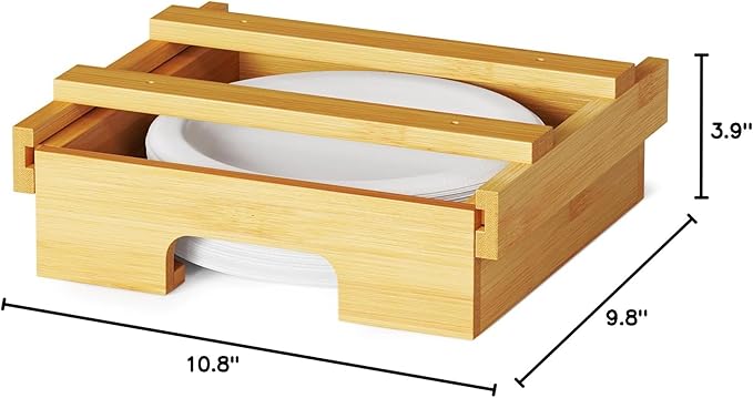 SpaceAid 8.5-inch Paper Plate Dispenser, Under Cabinet Bamboo Plates Holder, Kitchen Counter Vertical Dipensers Holders Countertop Caddy, Bamboo