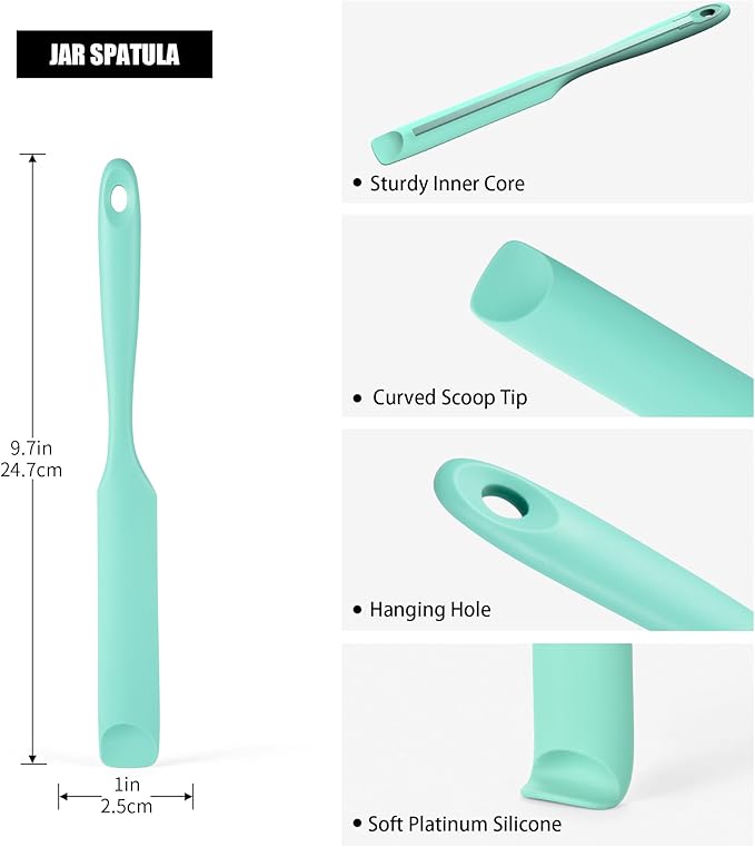 Doosu 18/8 Stainless Steel Food-Grade Measuring Coffee Scoop with 6.9in Long Handle (1 & 2 Tbsp) and 600°F Heat Resistant Silicone Jar Scraper Spatula (Aqua Sky)
