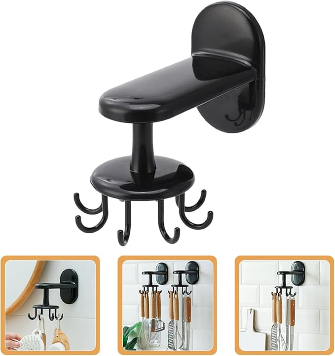 OUNONA Rotatable 8-Claw Adhesive Wall-Mounted Utensil Hook Black, Non-Punch Kitchen and Bathroom Hanging Organizer for Cooking Tools and Storage