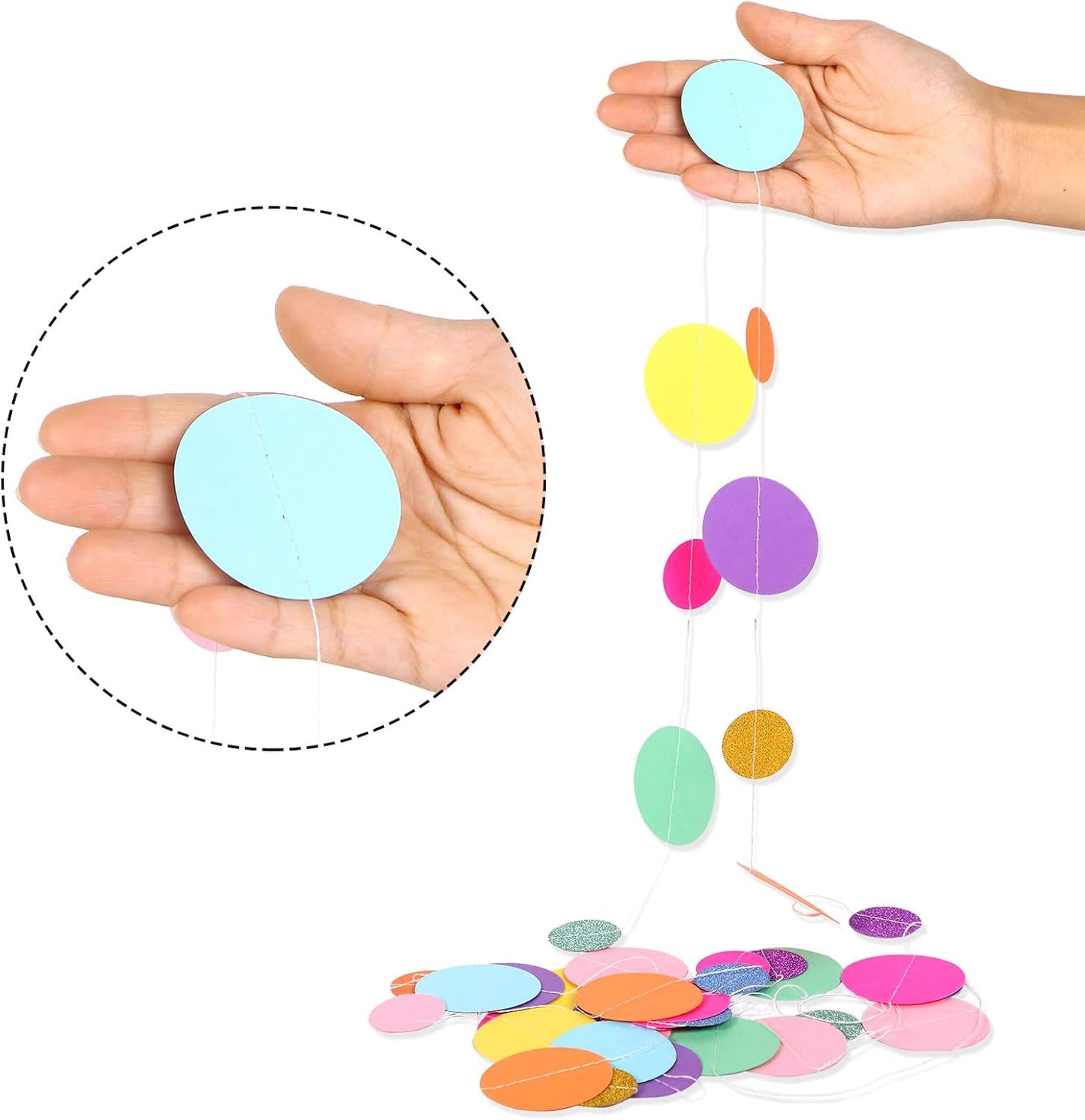 Outus 20 Pieces Colorful Dots Paper Garland Round Glitter Garland Hanging Confetti Streamers Backdrop Decoration for Birthday Classroom Candy Sprinkles Trunk or Treat Party (Rainbow)