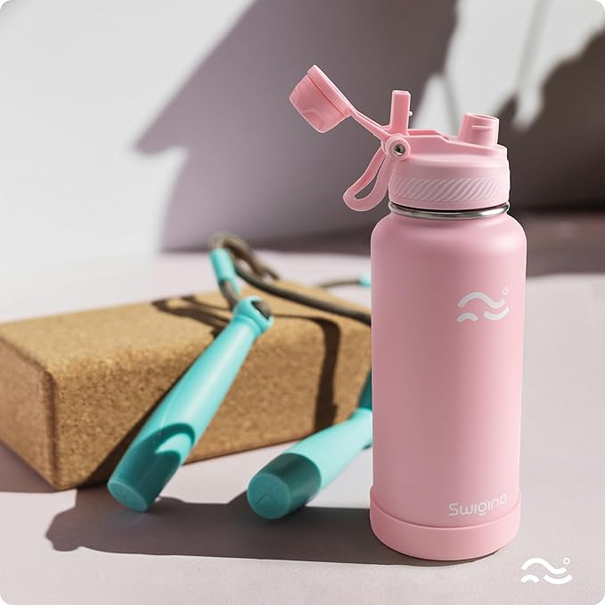 Swigina Insulated Water Bottle with Silicone Boot (36hrs Cold/18hrs Hot) - DIY Stickers, [2-in-1 Lid], BPA Free, 32 oz