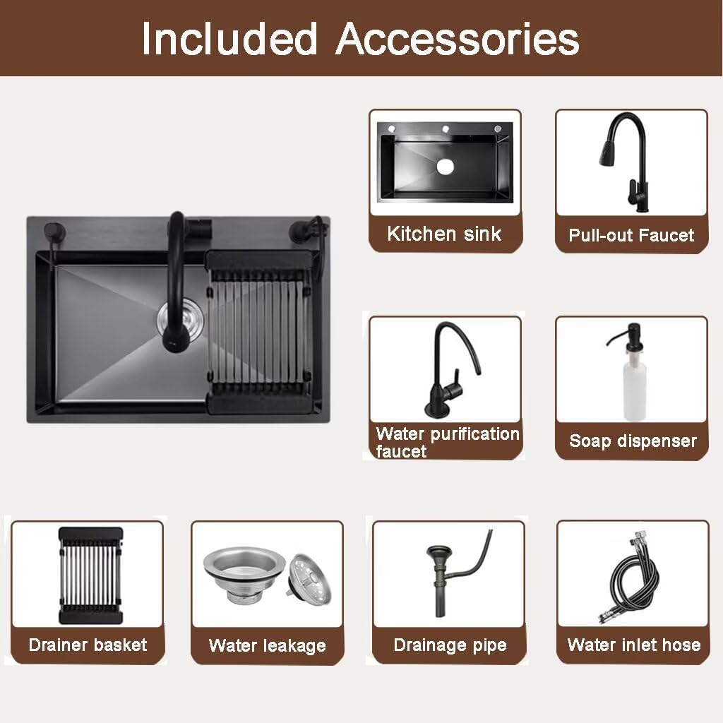 Black Drop in Kitchen Sink, Stainless Steel Single Bowl Sink with 3 Holes, Topmount Workstation Sink, Farmhouse Rectangle Basin with Multiple Accessories (29.5 * 17.7 * 7.9in)