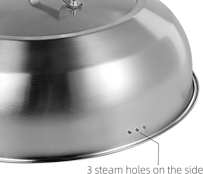 13.5 Inch Stainless Steel Basting Cover, Melting Dome for Griddle Cooking, Round Steaming Cover Lid with Tempered Glass Top and Steam Holes, Dishwasher Safe (13.5")
