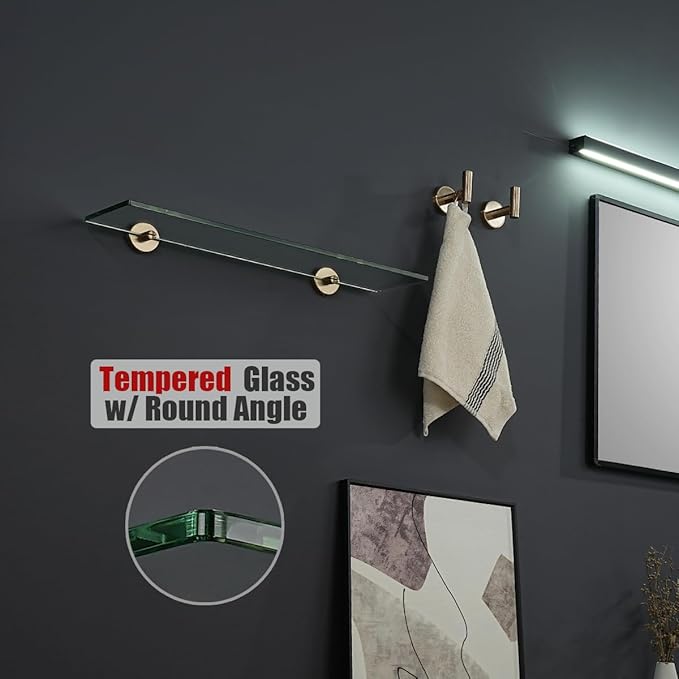 JQK Bathroom Glass Shelf, Tempered Glass Shower Storage 20 by 5 inches, 304 Stainless Steel Champagne Bronze Wall Mount, 2 Pack, TGS101L20-CB-P2