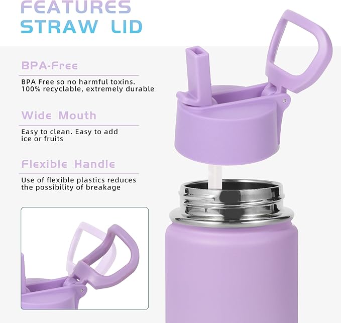 Volhoply 14oz KIds Water Bottle with Straw Lid and Silicone Boot Bulk 6 Pack,Stainless Steel Insulated Cups for Boys & Girls Multipack,Double Wall Vacuum Leakproof Bottles(Lavender Blue,6)