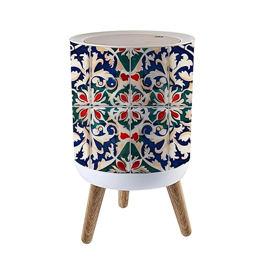 Trash Can with Lid Gorgeous seamless pattern white colorful Moroccan Portuguese tiles Press Top Round Small Garbage Bin with Wooden Legs Waste Basket for Kitchen Bedroom Nursery 7L/1.8 Gallon