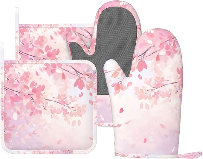 Oven Mitts and Pot Holders Cherry Blossom Flower Japanese Art Silicone Kitchen Accessories Set of 4 Heat Resistant Long Gloves Potholder Non-Slip Grip for Chef Cooking Baking Grilling BBQ