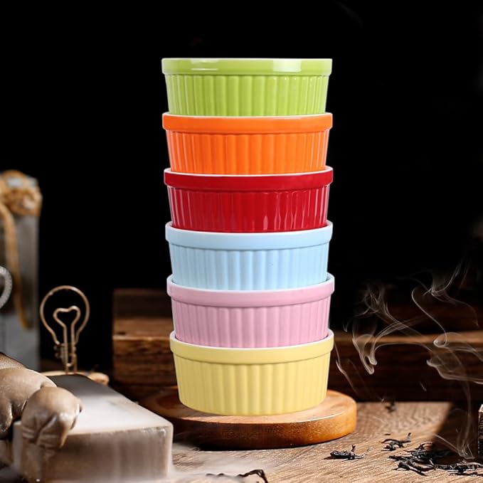 Ramekins 4oz,Creme Brulee Ramekins and Souffle Dishes,Porcelain Oven Safe Baking Bowls,Pudding Cups,Dipping bowl,Set of 6,White