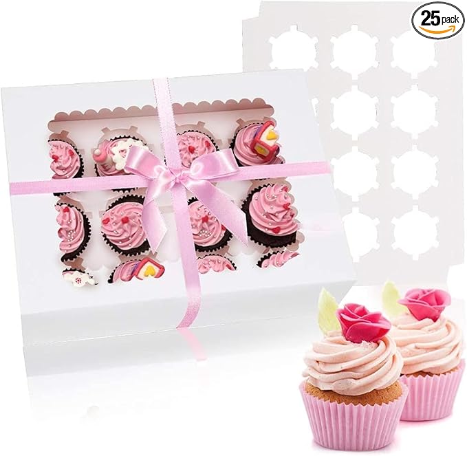 Rarapop 25 Pack Cupcake Boxes Hold 12 Standard Cupcakes, Food Grade Cupcake Holders Bakery Carrier Boxes with Windows and Inserts for Cupcakes, Muffins and Pastries