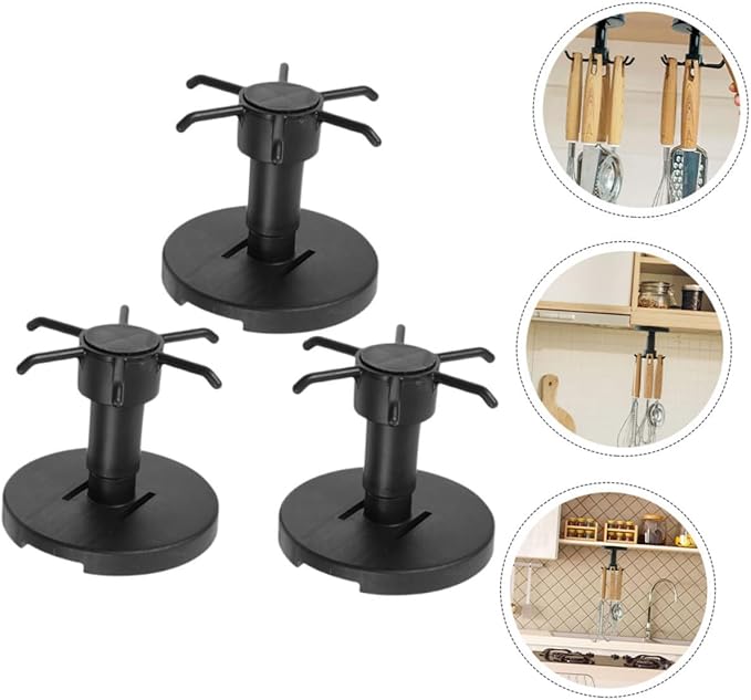 Healifty 3pcs Rotating Kitchen Hooks Utensil Hanger Set for Hanging Cooking Tools Under Cabinet Black Utility Organizer Storage