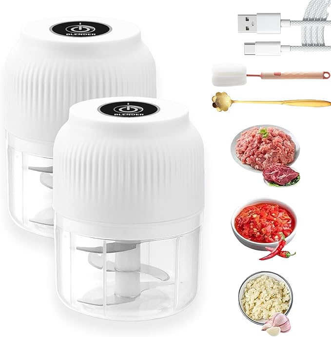Electric Garlic Chopper, Mini Portable Veggie Chopper, Electric Onion Grinder with 6 Sharp Blade, Mini Food Processor with Container for Mashing Onion, Garlic, Chili, Ginger (2PCS*White)