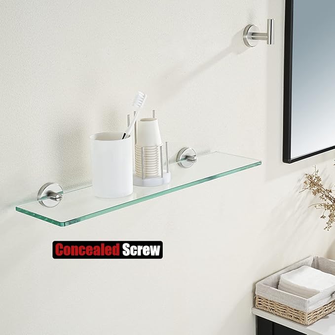 JQK Bathroom Glass Shelf, Tempered Glass Shower Storage 20 by 5 inches, 304 Stainless Steel Brushed Finish Wall Mount, TGS101L20-BN