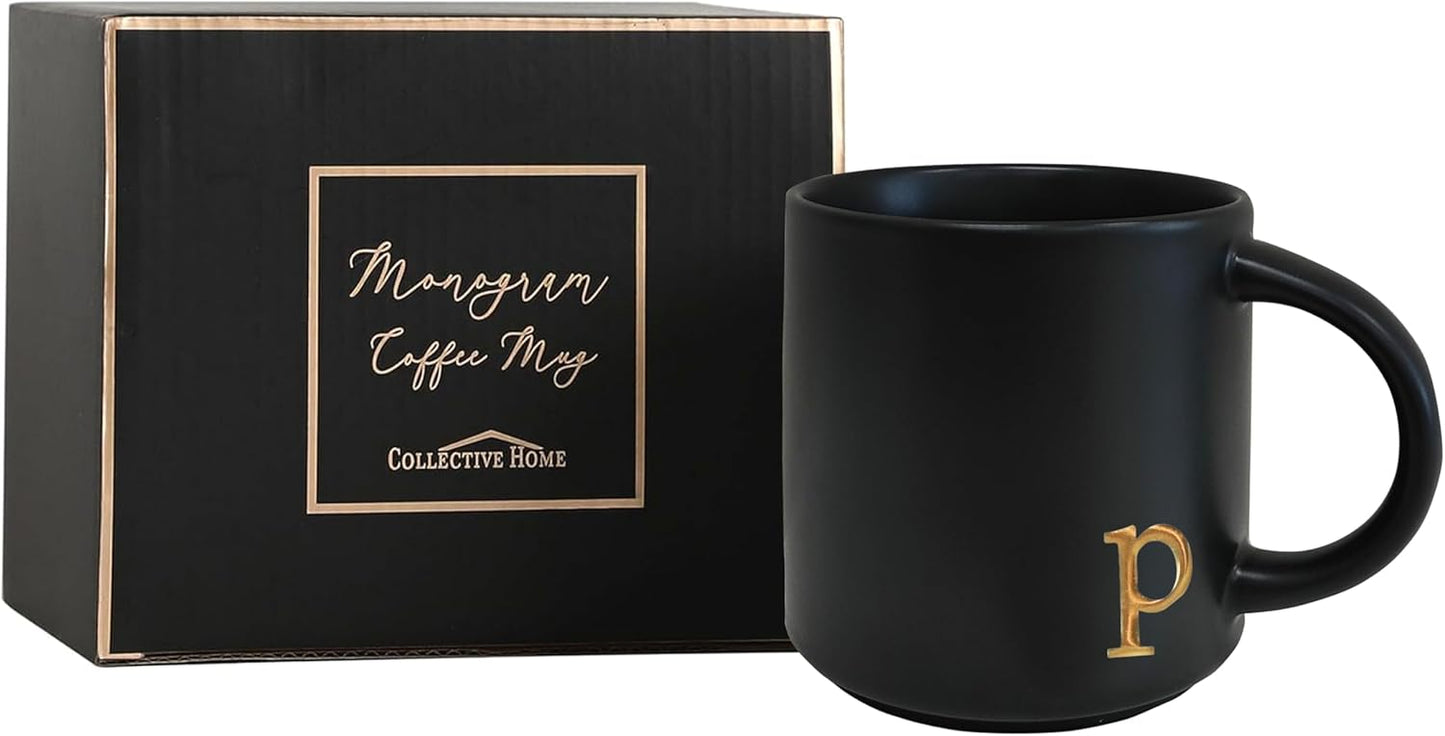 COLLECTIVE HOME - Black Monogram Ceramic Mugs, 15 oz Golden Initial Coffee Cups, Elegant Alphabet Tea Mugs, Personalized Halloween Mug with Gift Box, Perfect for Office and Home Décor (p)