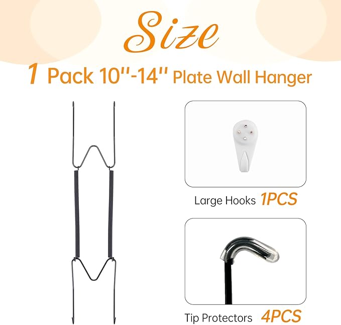 Plate Hangers for The Wall, Suitable for 10-14 inch Decorative Plate, Stainless Steel Wire Plate Holder with Wall Hooks and Rubber tip Protectors, Plate Hangers for Displaying Plates, Platter, Black