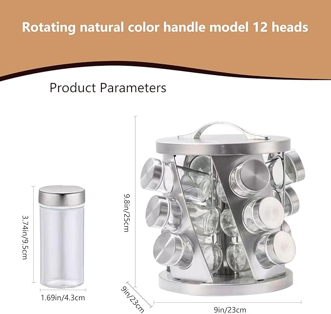 Portable Stainless Steel Spice Rack with 12 Spice Jars Included Revolving Spice Organizer for Kitchen Tower Storage Rack for Spices and Seasoning Silver