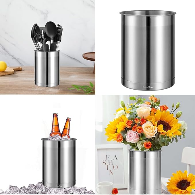 KSENDALO 2 Pack Utensil Crock, 6.6inch Cooking Utensil Holder Stainless Steel Container for Kitchen Counter,Metal Kitchen Spoon Spatula Cutlery Tool Holder Organizer, Silver (2 Pack)