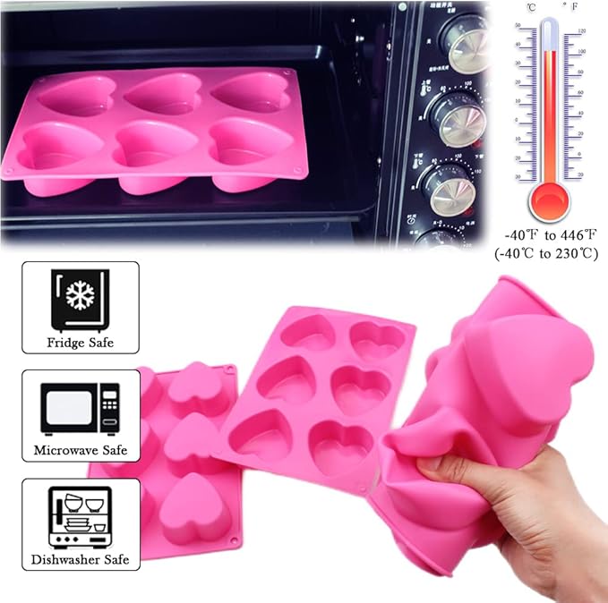 BAKER DEPOT 6 Holes Heart Shaped Silicone Mold For Chocolate Cake Jelly Pudding Handmade Soap Mould Candy Making Set of 2