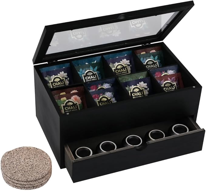 Tea Bag organizer Storage Box with Drawer Tea Organizers with Clear Acrylic Window Wooden Tea Box for Countertop with 8 Compartments Teabag Holder with 4 Cotton Woven Coasters（WBlack02）