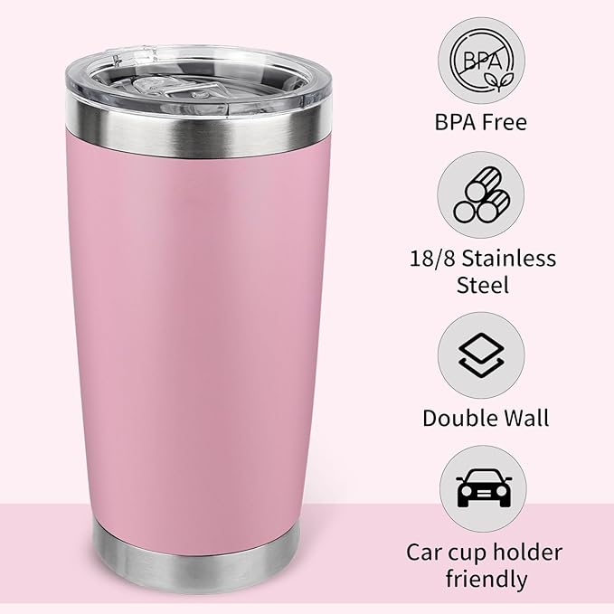 20oz Stainless Steel Tumbler Bulk with Lid, Travel Mug - Double Wall Vacuum Powder Coated Cup - Light Pink, 6 Pack