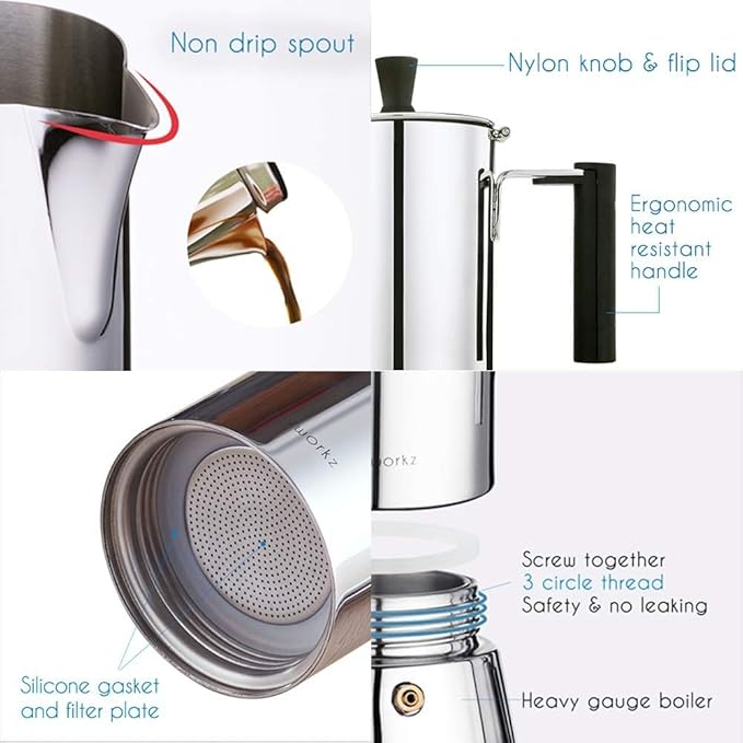 Easyworkz Pedro Stovetop Espresso Maker 6Cup 300ml, Bundled Espresso Steaming Pitcher Stainless Steel 15 oz Coffee Frothing Picther Milk Jug Cappuccino Latte Art Cup