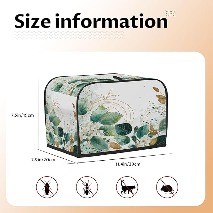 2 Slice Toaster Cover,Sage Green Eucalyptus Leaves Floral Gold Line Small Kitchen Appliance Bread Machine Cover with Pockets,Dust & Fingerprint Protection