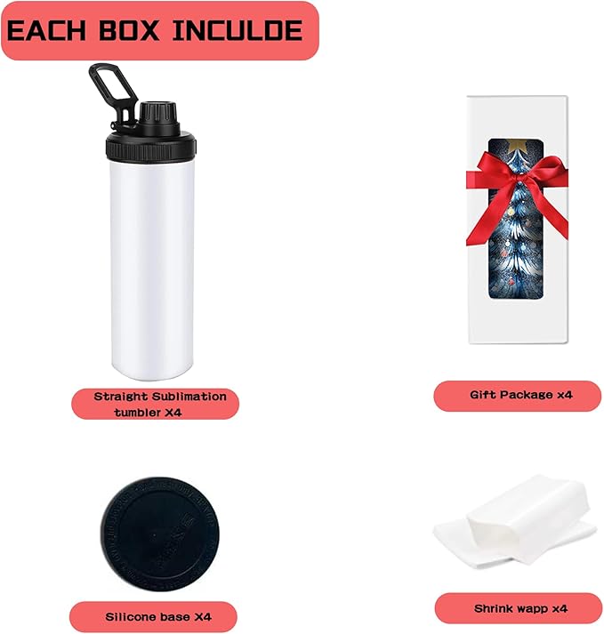 4 Pack 20oz Sublimation Tumblers, Flat Edge Sublimation Tumbler, Skinny Straight Sublimation Tumbler,Rubber Bottom, Individual Box (4, HANDLE LID B)