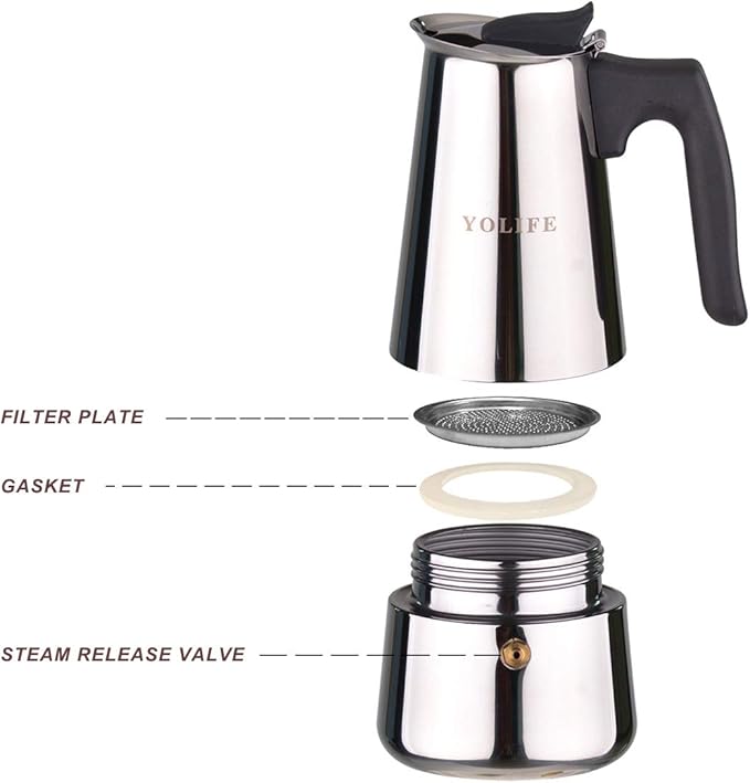 YOLIFE Stovetop Espresso Maker, Small Italian Moka Pot, Cafe Maker for Coffee, Cappuccino and Latte, Stainless Steel, 450 ml / 16 oz/ 9 Espresso Cups (per cup= 50 ml)
