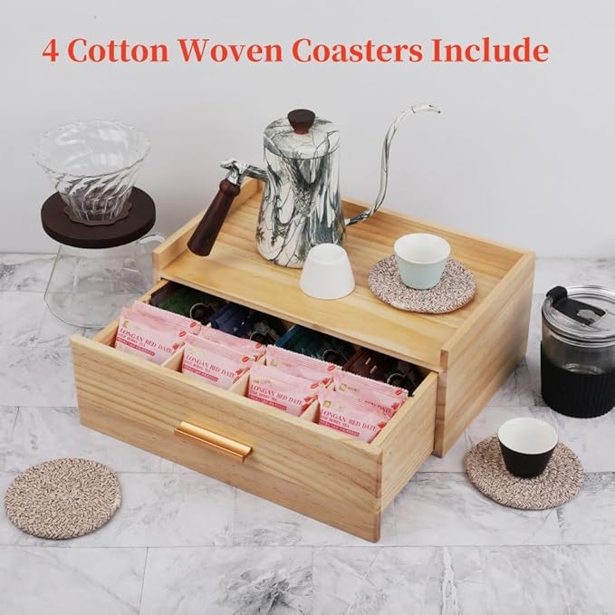 Tea Organizers and Storage Box Tea Station organizer for Countertop with 4 Cotton Woven Coasters Pine Wood Tea Bag Organizer Drawer Teabag Holder with 8 Compartments Wooden Sugar Packet Holder