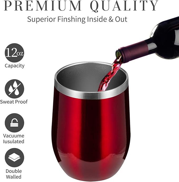MEWAY 12oz/12 Pack Wine Tumbler Glasses with Lid -Double Wall Vacuum Stainless Steel Travel Tumbler Mug,Stemless Insulated Wine Cup for,Coffee,Cocktails,Gifts (Burgundy,Set of 12)