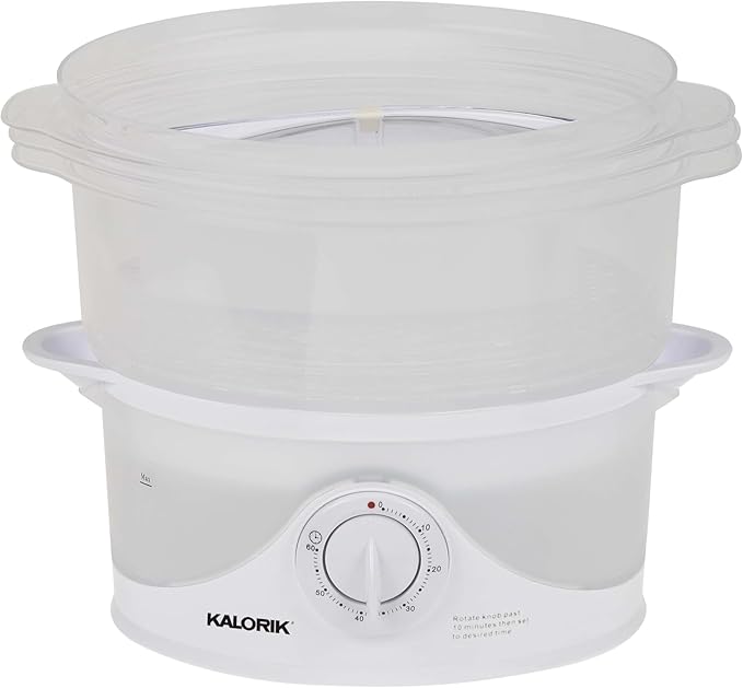 Kalorik Electric Food Steamer with Manual Controls 3-Tier with BPA Free Dishwasher Safe Baskets, 800 Watts and 60-Minute Timer Turbo Steam Feature and Easy Refill, 9-Quarts, White