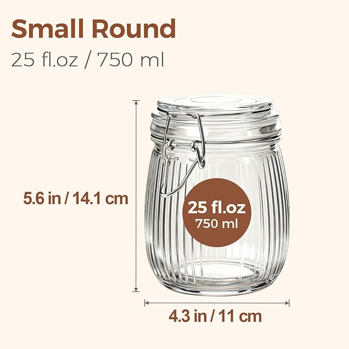 ComSaf 25oz Fluted Glass Mason Jars - Set of 6 Vintage Canisters with Airtight Lids for Sourdough Starter, Pickling, Coffee & Pantry Organization, Farmhouse Kitchen Decor