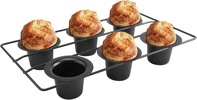 Non-Stick Popover Pan with 6 Cups, Heavy Duty Carbon Steel Yorkshire Pudding Tray, Oven Safe Baking Mold for Muffins, Canel茅, Air Fryer Compatible, Dishwasher Safe