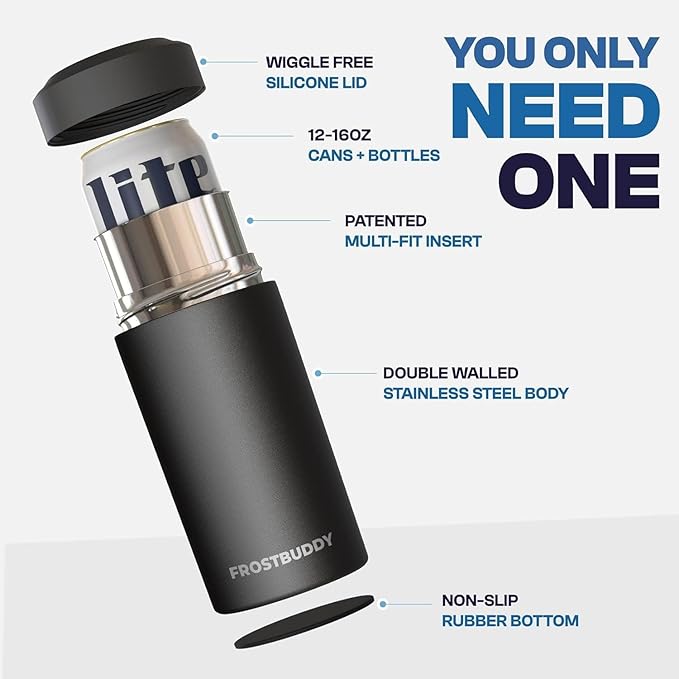 Frost Buddy Universal Can Cooler - Fits All - For Regular 12 & 16 oz or Slim-Size Bottles - Insulated Double-Walled Stainless Steel (Gunmetal Glory)