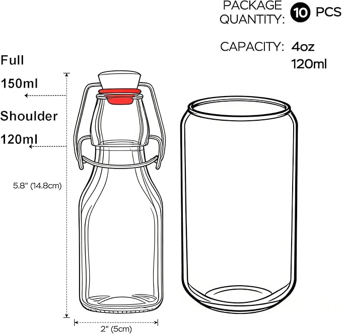 ZEBEIYU Swing Top Glass Bottles 4 oz With Flip Airtight Lids for Home Brewing, Beverages, Oil, Vinegar, Water, Soda, Kefir, Limoncello, Homemade liquor, vanilla（10 Pack